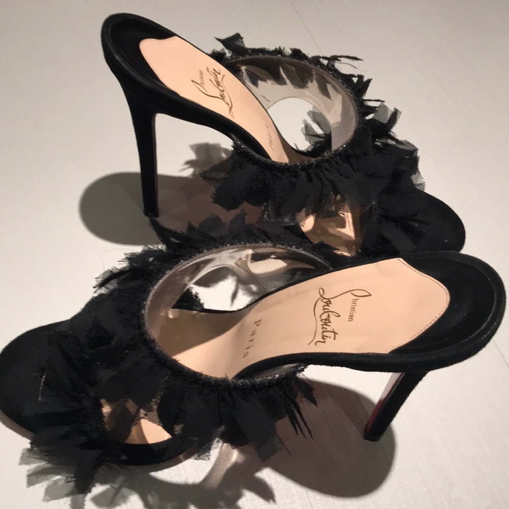 Christian Louboutin black fringe slides